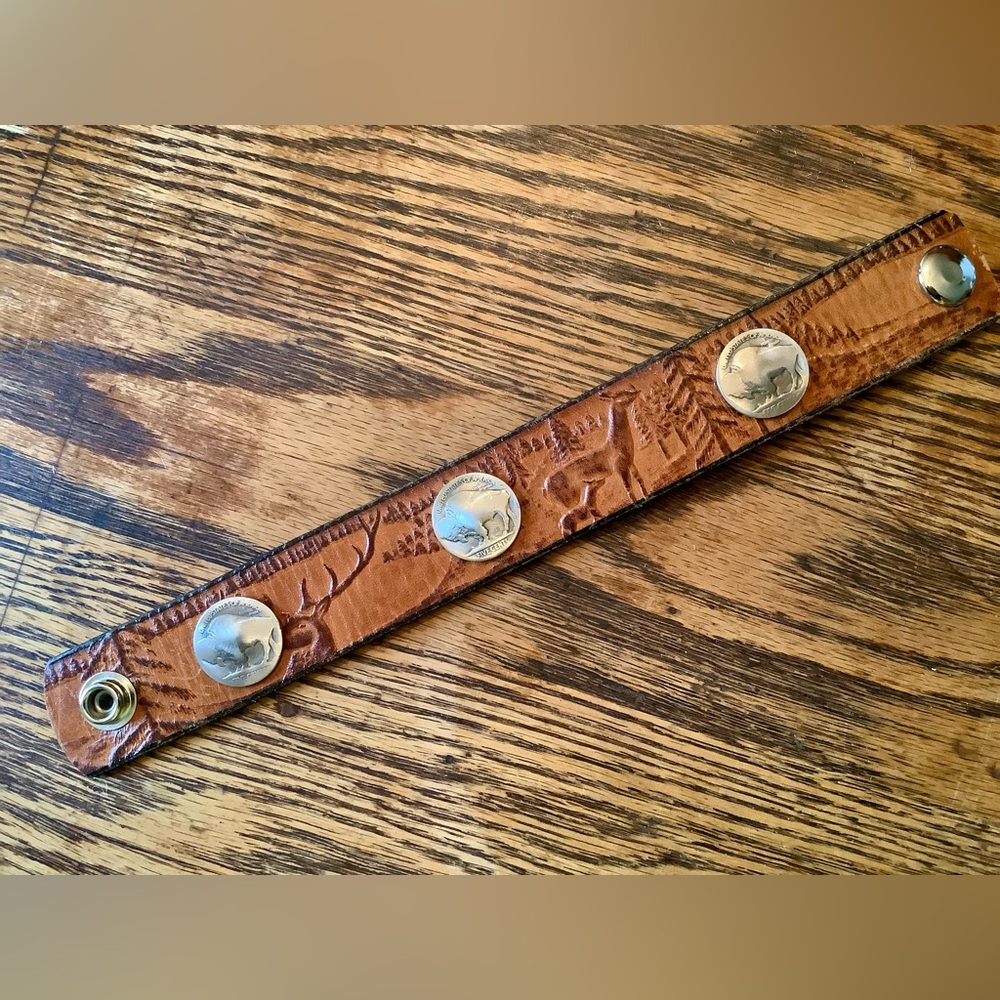 Leathercuff , triple Buffalo Nickel, up to 7 1/2” wrist